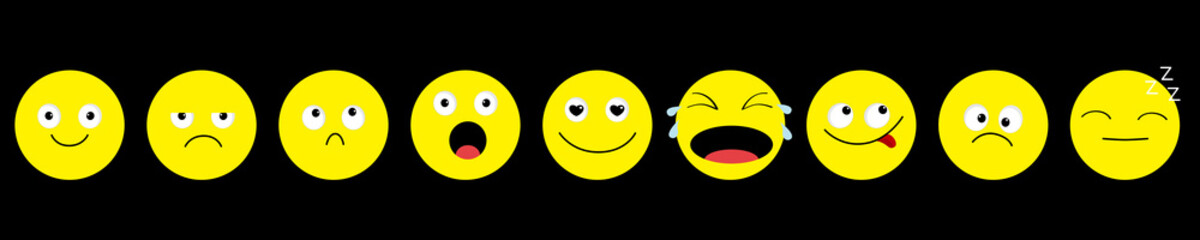 Emoji icon set line. Emoticons. Funny kawaii cartoon characters. Emotion collection. Happy, surprised, smiling crying sad angry face head. Flat design Black background. Isolated.