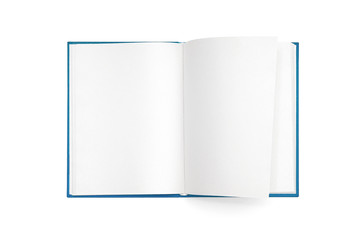 Mockup of opened book isolated on white background. Page turning