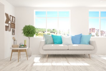 White stylish minimalist room with sofa. Scandinavian interior design. 3D illustration