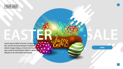 Easter sale, modern white horizontal discount banner with blue circle, button and Easter eggs
