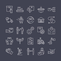 Fast delivery logistic icons big set in flat style. Vector icons for web, infographic or print. Baggage trolley vector, route, cash, 24 hours, sea shipping, truck trailer, cargo container, warehouse.