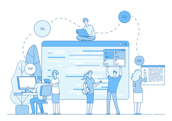 Programmers coding website. Coders write source code on screen on window. Php css engineer designer support line vector concept. Illustration of team programmer write code for software