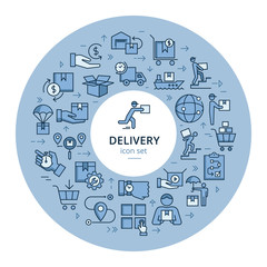 Circular template delivery logistic set in flat style with place for text. Baggage trolley, route, cash, 24 hours, sea shipping, cargo container, car delivery, warehouse.