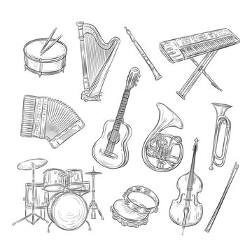 Sketch musical instruments. Drum harp flute synthesizer accordion guitar trumpet cello. Music vintage outline hand drawn vector set. Drum and trumpet, outline cello and guitar illustration