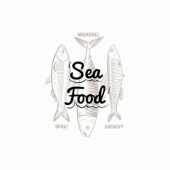 Fish products sign with hand drawn fish mackerel, sprat, anchovy vector design. Illustration of mackerel, sprat and anchovy