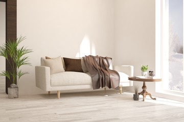 White stylish minimalist room with sofa. Scandinavian interior design. 3D illustration