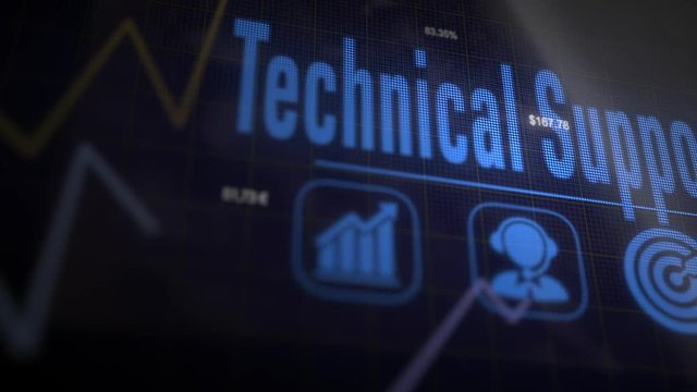 Technical Support on a flashing computer monitor with moving graphs and data.