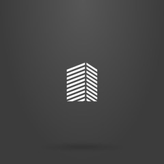 white sign on a black background. simple line art geometric sign of a high-rise building from diagonal lines