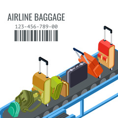 Belt transporter with different airline baggage isometric vector background. Luggage isometric, baggage conveyor illustration