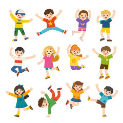 Children's activities. Happy kids jumping together on the background. Boys and girls are playing together happily. Vector illustration.
