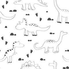 Cute dinosaurs seamless pattern. Funny cartoon dino. Hand drawn vector doodle design for girls, boys, kids. Hand drawn children's illustration for fashion clothes, shirt, fabric.