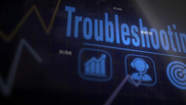 Troubleshooting concept on a flashing computer monitor with moving graphs and data.