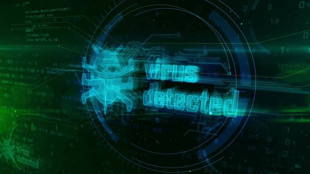Virus detected hologram on digital background. Wrom, danger alert, infection, antivirus, cyber attack and warning abstract concept. Futuristic 3D animation.