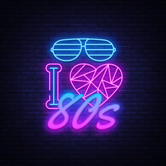I love 80s neon sign vector design template. Back to the 80s neon logo, light banner design element colorful modern design trend, night bright advertising, bright sign. Vector illustration