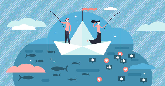 Fishing vector illustration. Flat social media like catch persons concept.