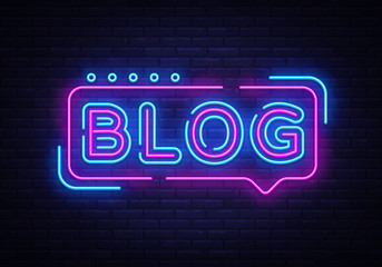 Blogging neon text vector design template. Blog neon logo, light banner design element colorful modern design trend, night bright advertising, bright sign. Vector illustration - obrazy, fototapety, plakaty