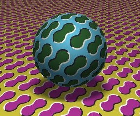 Sphere hovers above the surface. Abstract objects with cloud shapes pattern. Vector optical illusion illustration.