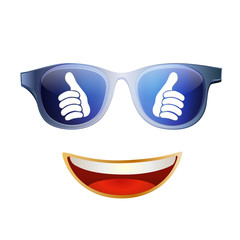 Thumbs up reflected in cool sunglasses. Character smile. Positive and approval. Online community. Social network concept. Share and follow. Isolated