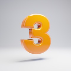 Volumetric glossy hot orange number 3 isolated on white background.