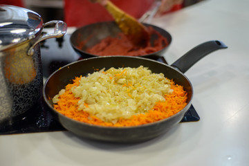 carrots and onions are fried or stewed on an electric stove in a black frying pan