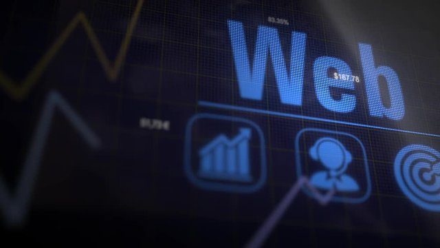 Web business concept on a flashing computer monitor with moving graphs and data.