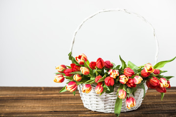 Spring tulip bouquet on wooden background. Mother's day flowers.