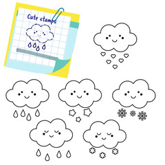 Cute clouds outline icons. Stamps for kids and children.