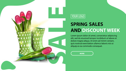 Spring sales and discount week, modern green horizontal discount banner with button and tulips in women's rubber boots