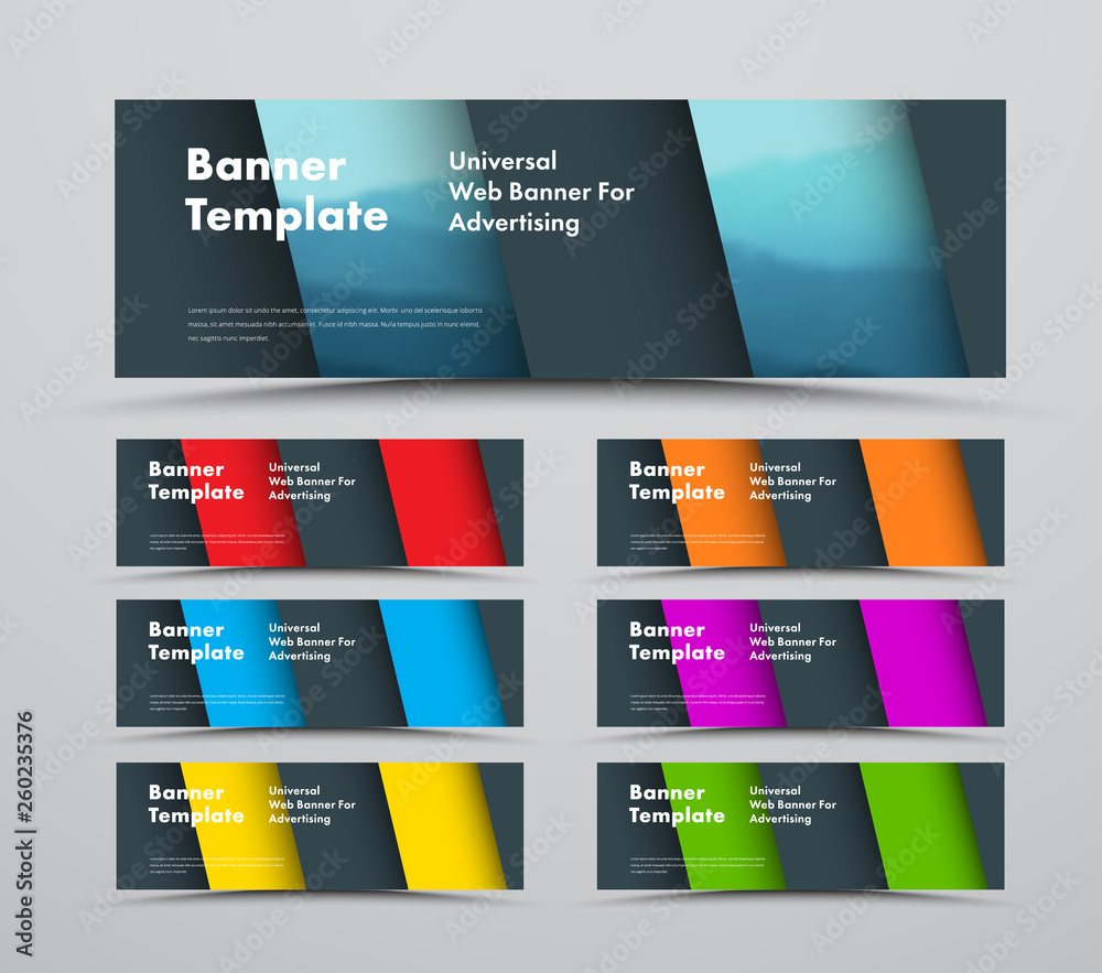Poster Design of horizontal vector web banners with diagonal material design elements and space for photo.