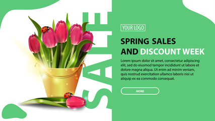 Spring sales and discount week, modern green horizontal discount banner with button and bouquet of tulips in a yellow bucket