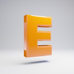 Volumetric glossy hot orange uppercase letter E isolated on white background.