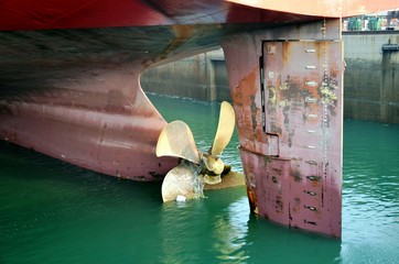 View of the propeller of the container vessel during dry docking.