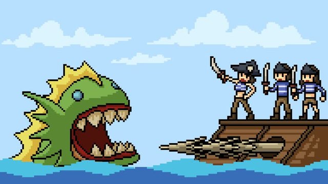 animation pixel art pirate fight monster cartoon loop