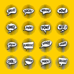 Comic speech bubbles, funny balloons with halftone shadows. Vector collection on yellow background. Chat bubble communication set, bubble comic for speech and think,