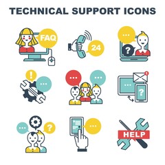 Technical support icons FAQ and online help call center and settings