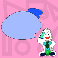 Smiley Face Man in Necktie Holding Smartphone to his Head in Sticker Style Design business concept Empty copy text for Web banners promotional material mock up template.