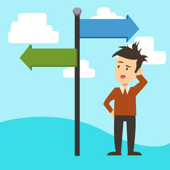Man Confused with the Road Sign Arrow Pointing to Opposite Side Direction. Design business Empty copy space text for Ad website promotion isolated Banner template