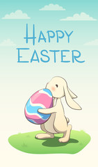 Easter bunny holding egg in field. Happy easter sign