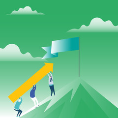People Holding Arrow Going Up the Mountain. Blank Banner on Pole at the Peak Design business concept. Business ad for website and promotion banners. empty social media ad