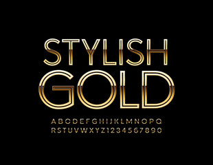 Vector stylish Golden Alphabet. Chic slim Font. Elegant Letters and Numbers