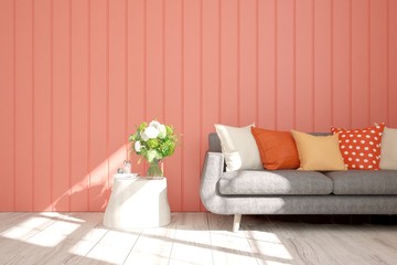 Coral stylish minimalist room with sofa. Color of the year 2019. Scandinavian interior design. 3D illustration