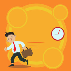 Man in Tie Carrying Briefcase Walking in a Hurry Past the Analog Wall Clock Design business concept Empty copy text for Web banners promotional material mock up template.