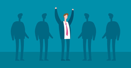 Happy excited business man and shadows flat vector concept. Successful team work and leadership vector illustration