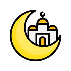 Mosque with Moon vector illustration, Ramadan related filled icon