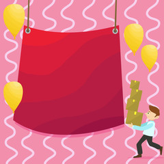 Man Carrying Pile of Boxes with Blank Tarpaulin in the Center and Balloons Business concept Empty template copy space isolated Posters coupons promotional material