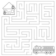 Maze game for kids. Vector coloring page. Help the fire engine find the right path to the burning house.