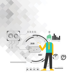 Man Standing Holding Pen Pointing to Chart Diagram with SEO Process Icons Design business concept Empty template copy space text for Ad website isolated