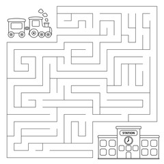 Maze game for preschool children. Vector coloring page. Help the train find the right path to station.