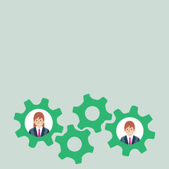 Two Business People Each Inside Colorful Cog Wheel Gears for Teamwork Event Design business concept Empty copy space modern abstract background