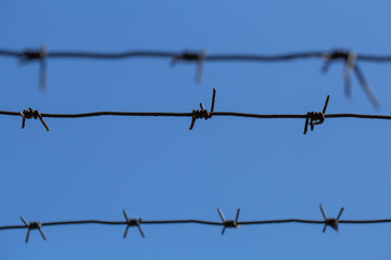 Closeup view of barbed wires isolated on blue sky background. Horizontal color photography.